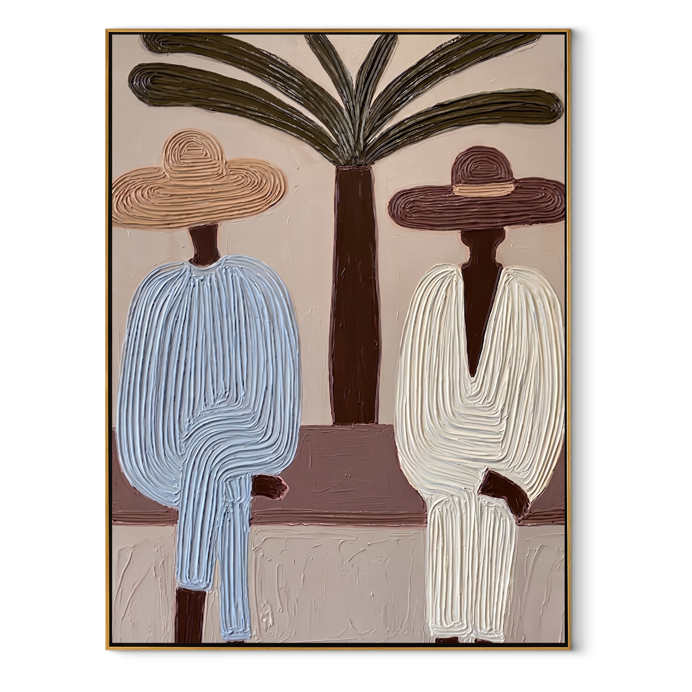 Palm Trunk Divides a Quiet Pair - Two Resort Men in Broad Hats painting by Claire Whitmore, modern coastal vertical wall art – wood frame on white background