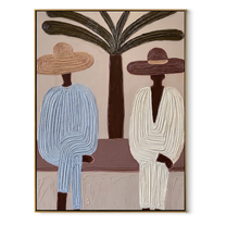 Palm Trunk Divides a Quiet Pair - Two Resort Men in Broad Hats painting by Claire Whitmore, modern coastal vertical wall art – wood frame on white background