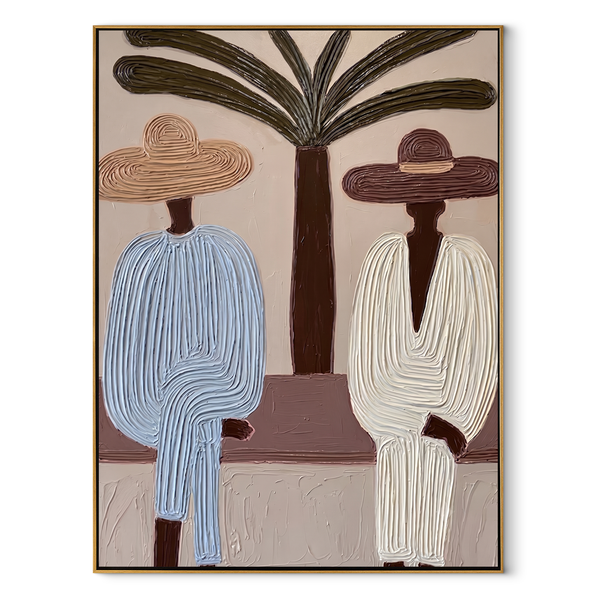 Palm Trunk Divides a Quiet Pair - Two Resort Men in Broad Hats painting by Claire Whitmore, modern coastal vertical wall art – wood frame on white background