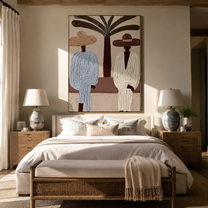 Palm Trunk Divides a Quiet Pair - Two Resort Men in Broad Hats painting by Claire Whitmore, modern coastal vertical wall art – styled room scene view 2