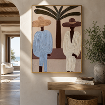 Palm Trunk Divides a Quiet Pair - Two Resort Men in Broad Hats painting by Claire Whitmore, modern coastal vertical wall art – styled room scene view 3