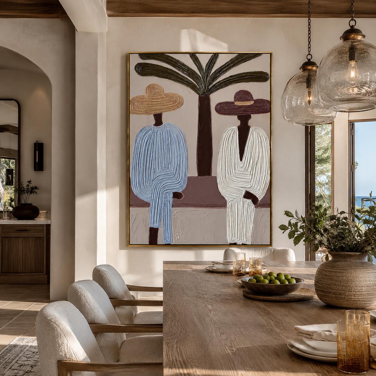 Palm Trunk Divides a Quiet Pair - Two Resort Men in Broad Hats painting by Claire Whitmore, modern coastal vertical wall art – styled room scene view 4