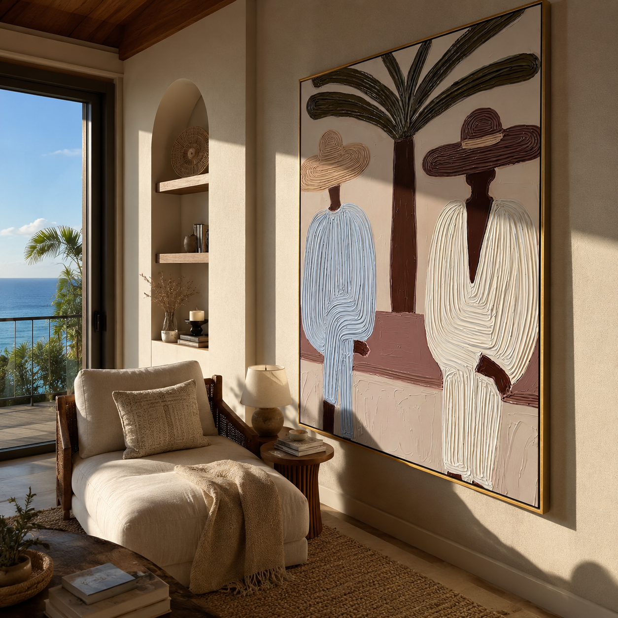 Palm Trunk Divides a Quiet Pair - Two Resort Men in Broad Hats painting by Claire Whitmore, modern coastal vertical wall art – styled room scene view 5