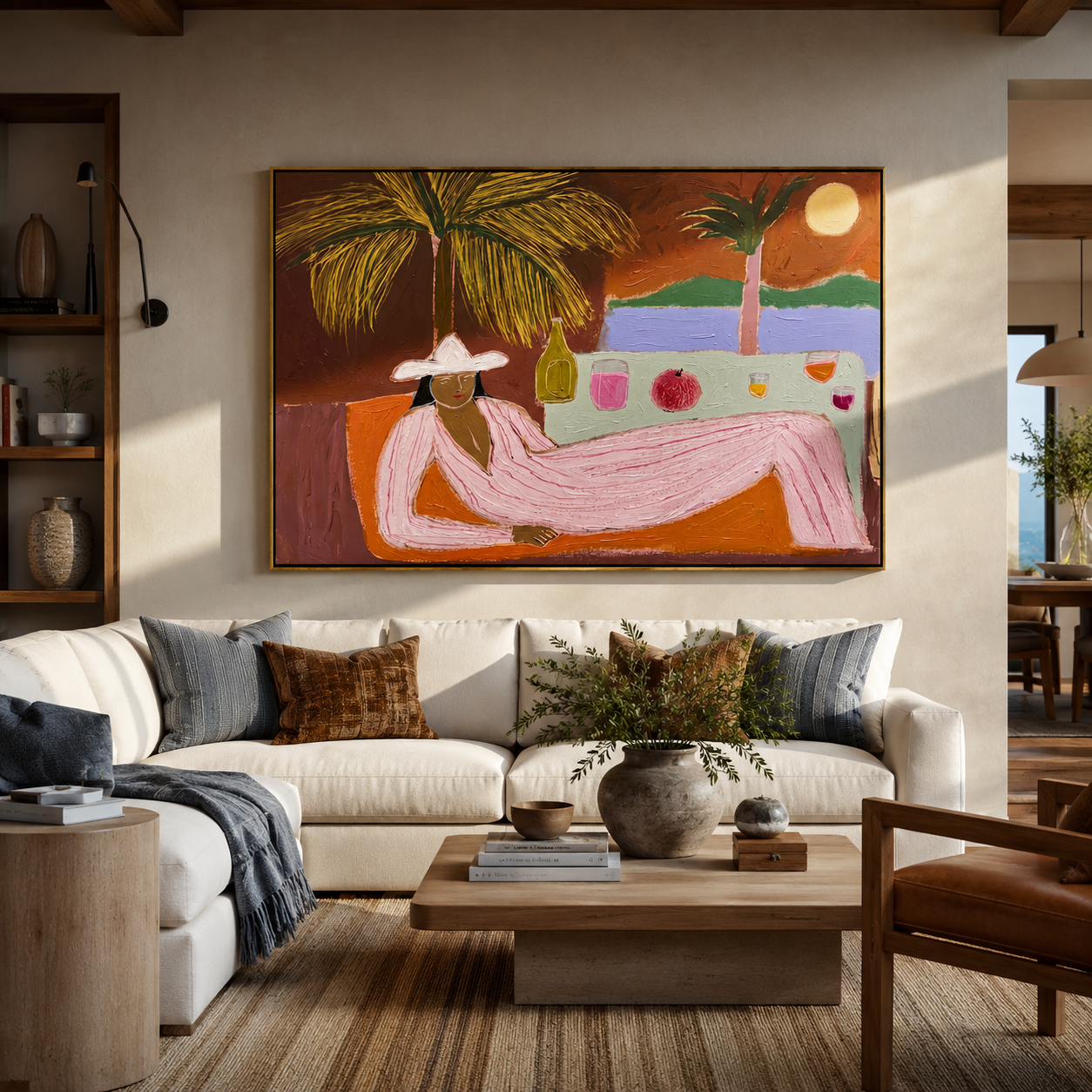 Pink Hours Recline beyond the Bar - Seaside Lounge Woman painting by Claire Whitmore, modern coastal horizontal wall art – styled room scene view 1