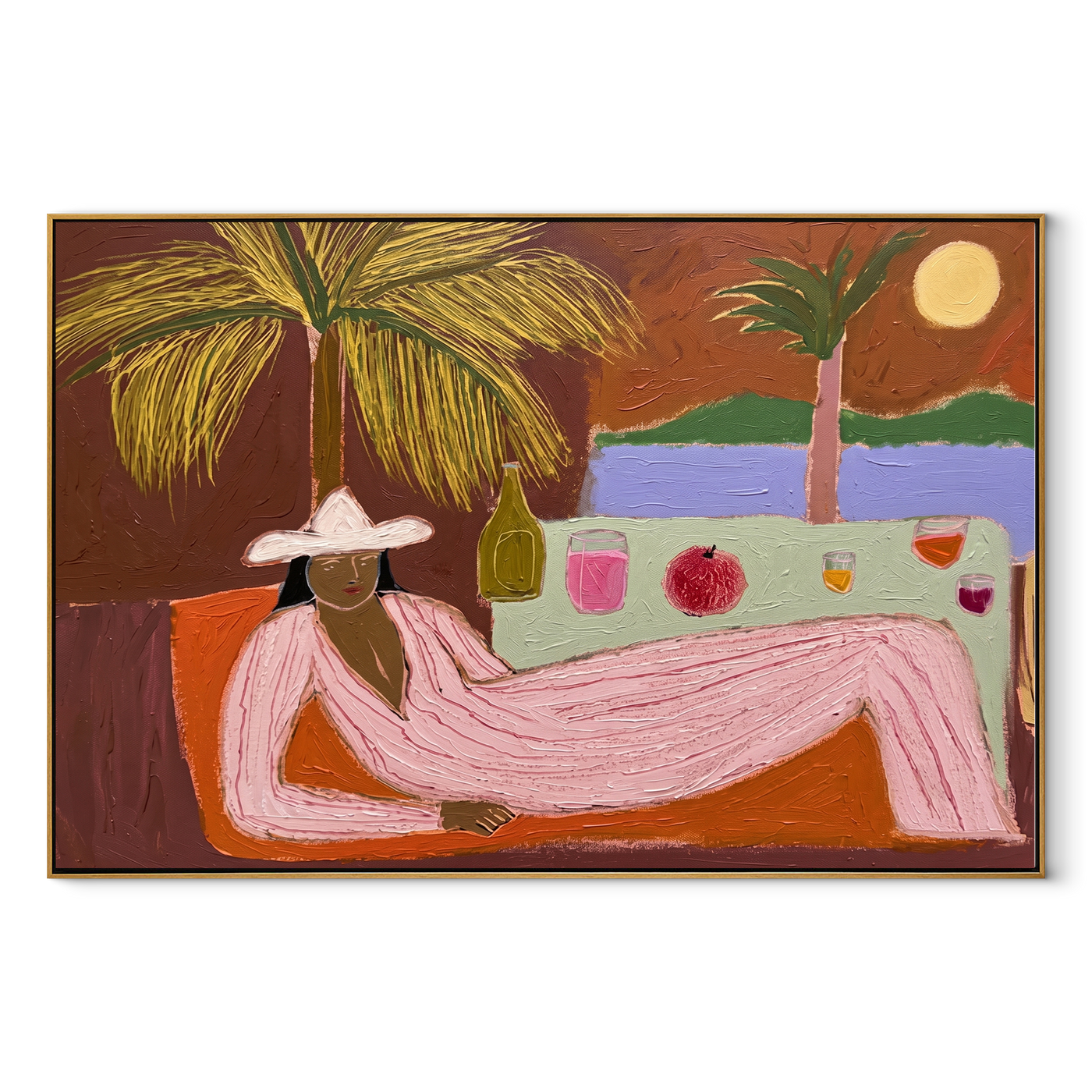 Pink Hours Recline beyond the Bar - Seaside Lounge Woman painting by Claire Whitmore, modern coastal horizontal wall art – wood frame on white background