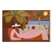 Pink Hours Recline beyond the Bar - Seaside Lounge Woman painting by Claire Whitmore, modern coastal horizontal wall art – wood frame on white background