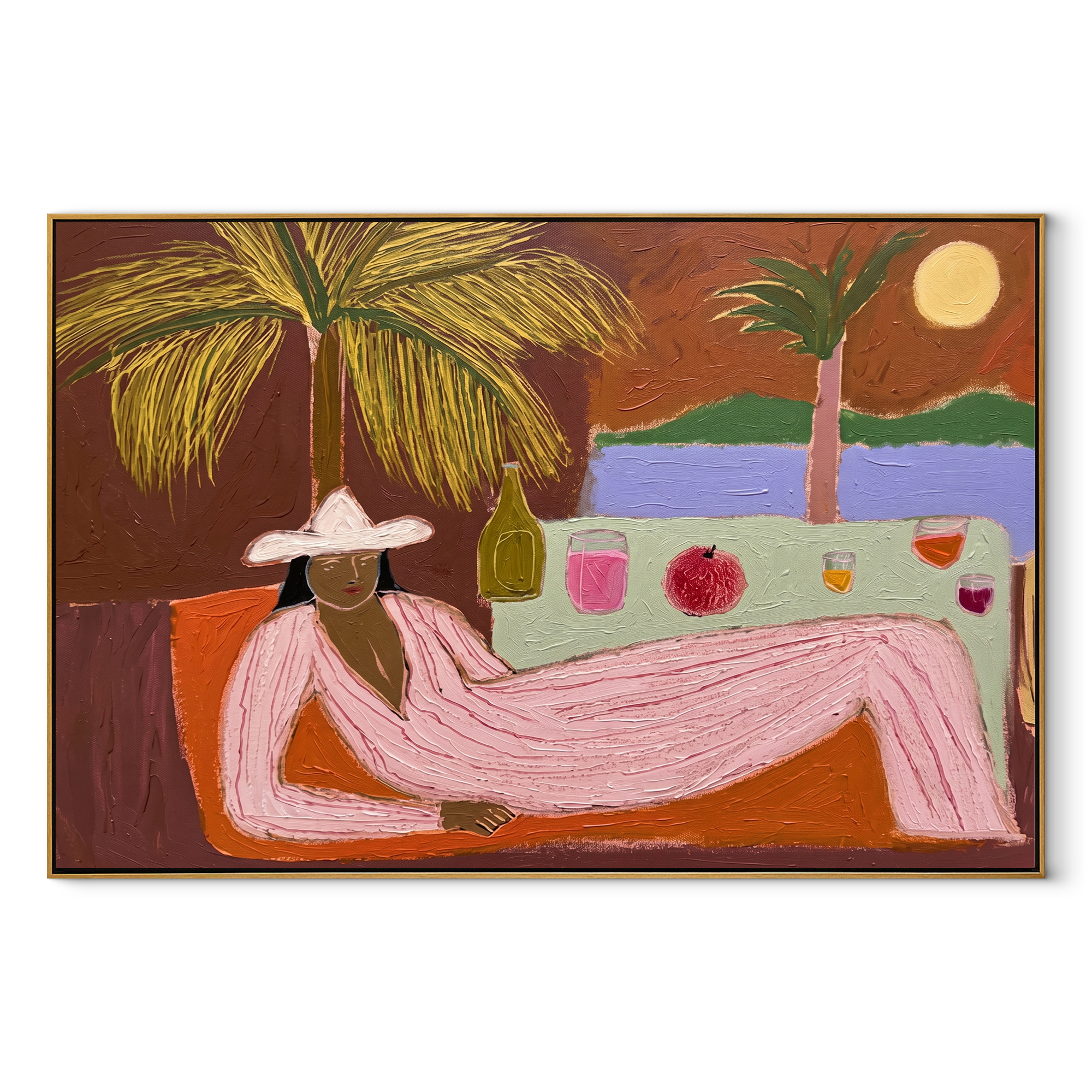 Pink Hours Recline beyond the Bar - Seaside Lounge Woman painting by Claire Whitmore, modern coastal horizontal wall art – wood frame on white background