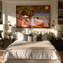 Pink Hours Recline beyond the Bar - Seaside Lounge Woman painting by Claire Whitmore, modern coastal horizontal wall art – styled room scene view 2
