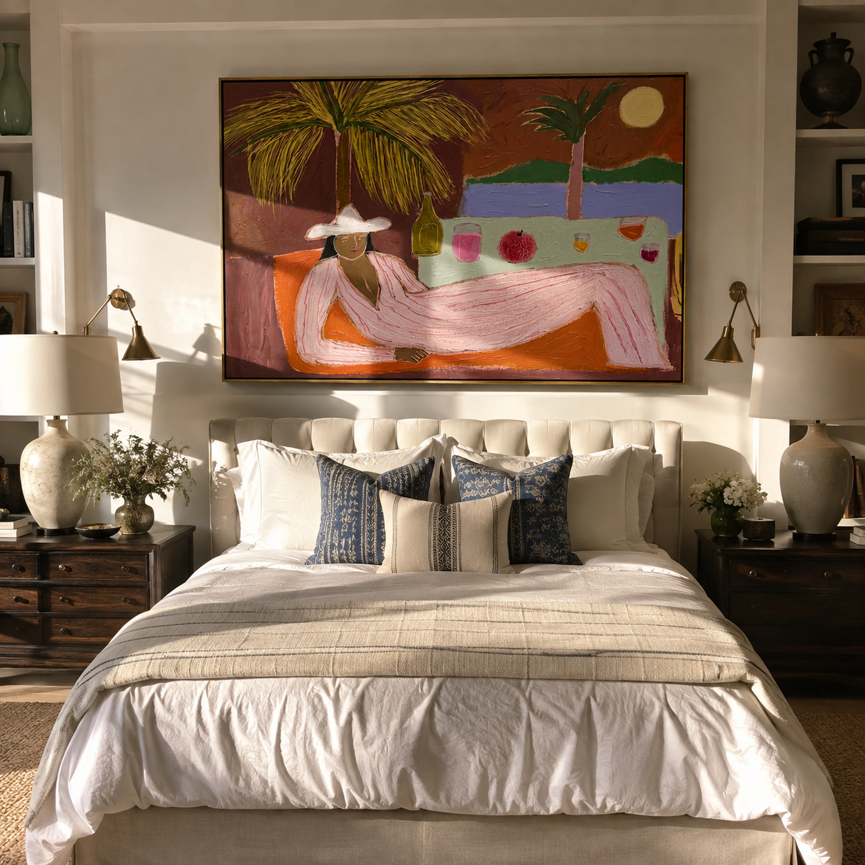 Pink Hours Recline beyond the Bar - Seaside Lounge Woman painting by Claire Whitmore, modern coastal horizontal wall art – styled room scene view 2