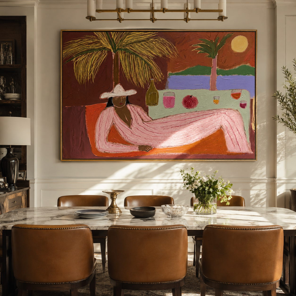 Pink Hours Recline beyond the Bar - Seaside Lounge Woman painting by Claire Whitmore, modern coastal horizontal wall art – styled room scene view 3
