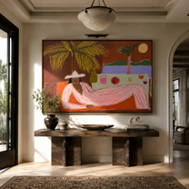 Pink Hours Recline beyond the Bar - Seaside Lounge Woman painting by Claire Whitmore, modern coastal horizontal wall art – styled room scene view 4