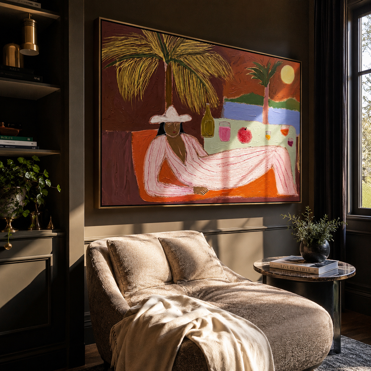 Pink Hours Recline beyond the Bar - Seaside Lounge Woman painting by Claire Whitmore, modern coastal horizontal wall art – styled room scene view 5