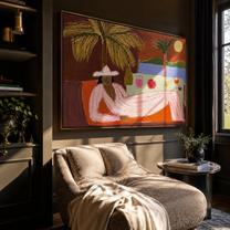 Pink Hours Recline beyond the Bar - Seaside Lounge Woman painting by Claire Whitmore, modern coastal horizontal wall art – styled room scene view 5