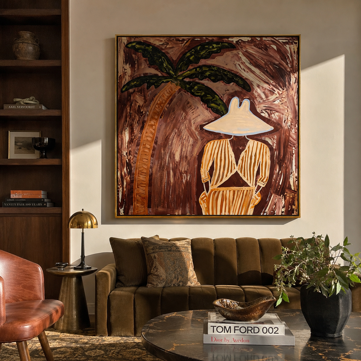 Ochre Stripes Rest in Cocoa Shade - Striped Palm Retreat painting by Claire Whitmore, modern coastal square wall art – styled room scene view 1