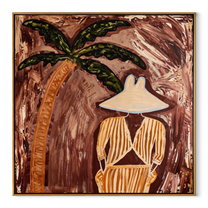 Ochre Stripes Rest in Cocoa Shade - Striped Palm Retreat painting by Claire Whitmore, modern coastal square wall art – wood frame on white background