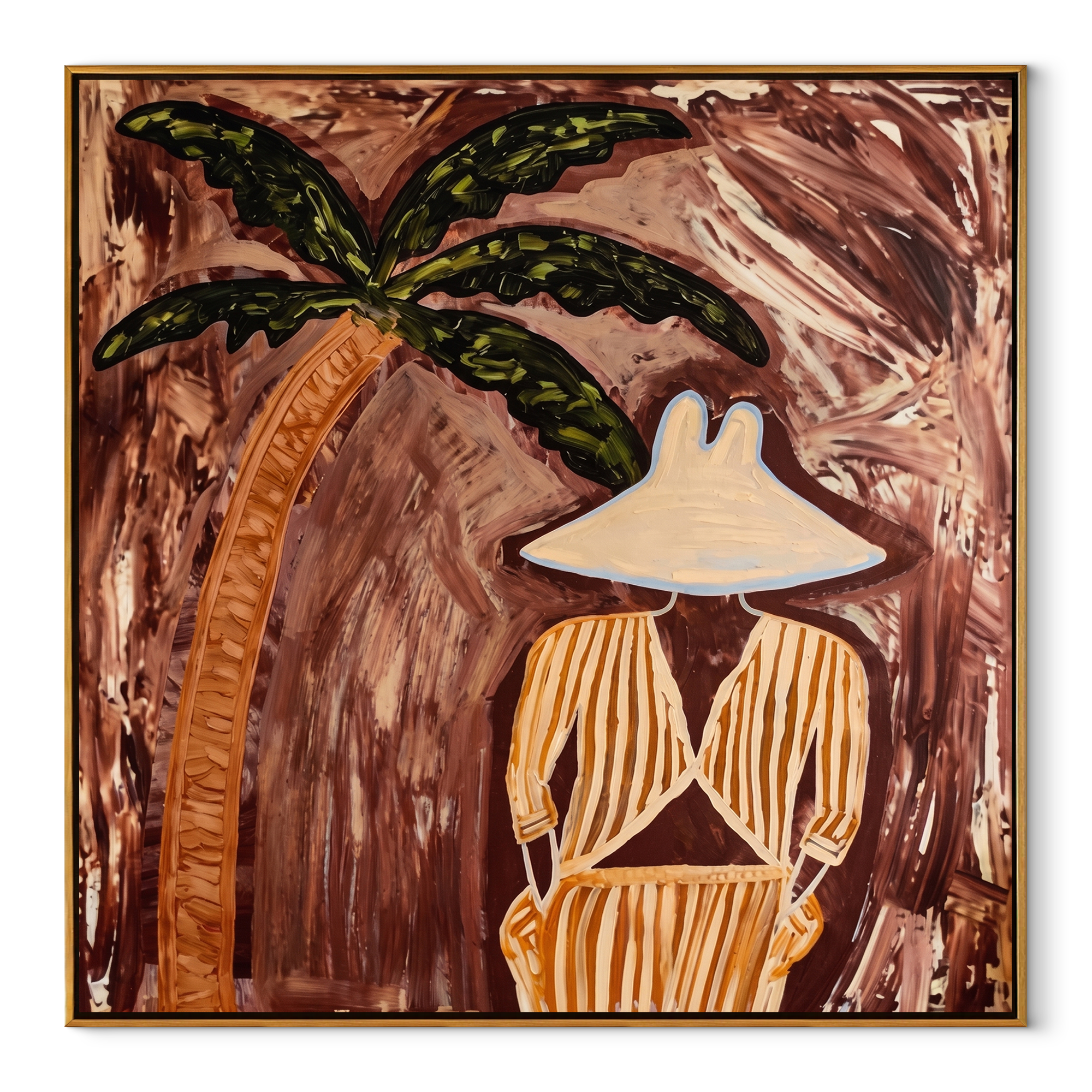 Ochre Stripes Rest in Cocoa Shade - Striped Palm Retreat painting by Claire Whitmore, modern coastal square wall art – wood frame on white background