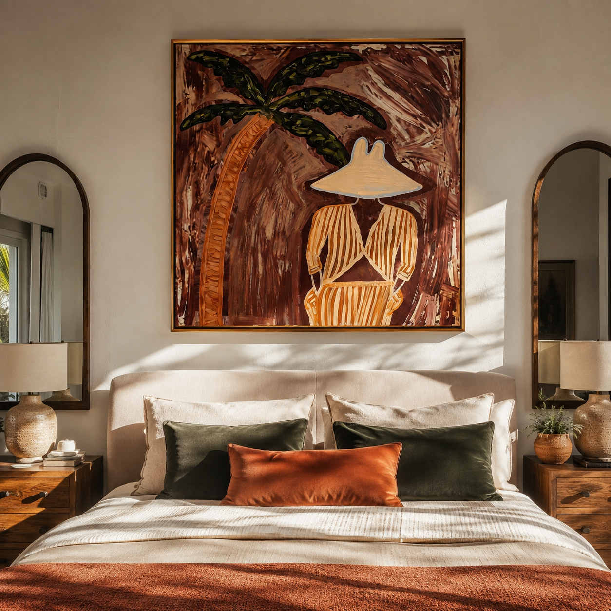 Ochre Stripes Rest in Cocoa Shade - Striped Palm Retreat painting by Claire Whitmore, modern coastal square wall art – styled room scene view 2