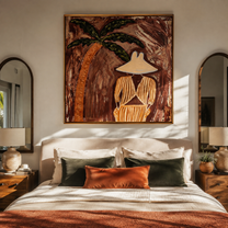 Ochre Stripes Rest in Cocoa Shade - Striped Palm Retreat painting by Claire Whitmore, modern coastal square wall art – styled room scene view 2
