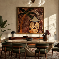 Ochre Stripes Rest in Cocoa Shade - Striped Palm Retreat painting by Claire Whitmore, modern coastal square wall art – styled room scene view 3
