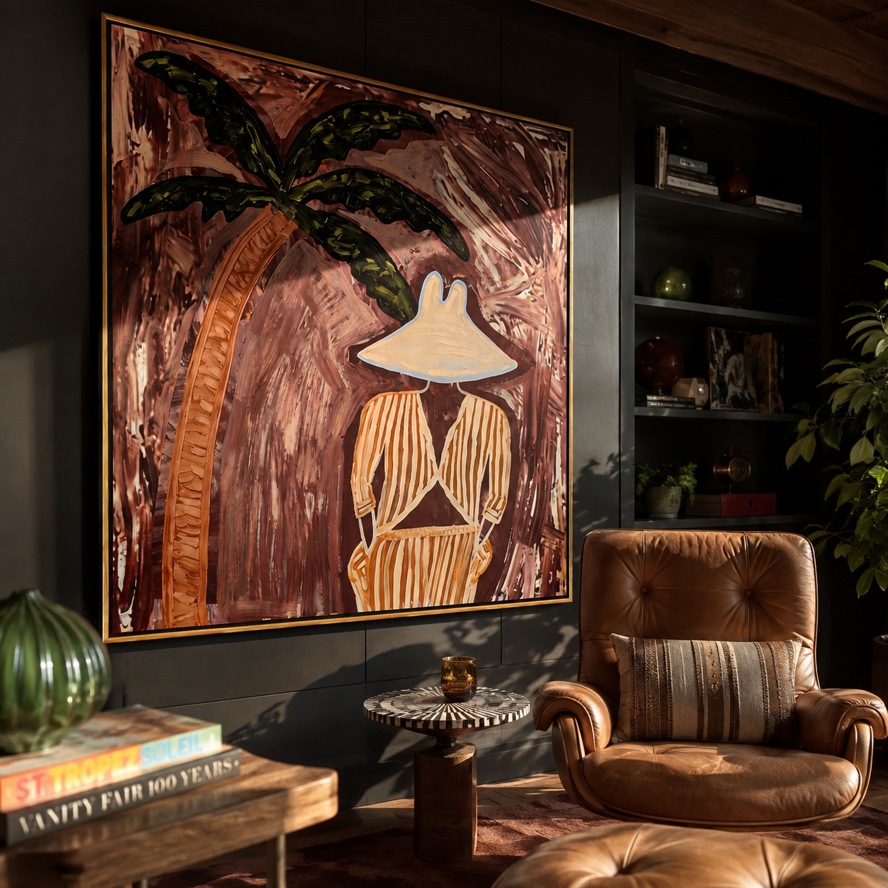 Ochre Stripes Rest in Cocoa Shade - Striped Palm Retreat painting by Claire Whitmore, modern coastal square wall art – styled room scene view 5