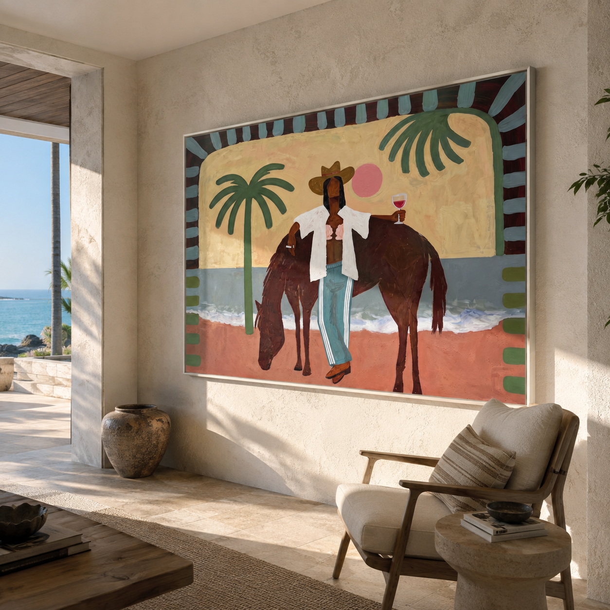 Pink Moon Walks beside the Horse - Cowgirl on the Coastal Path painting by Claire Whitmore, modern coastal horizontal wall art – styled room scene view 1