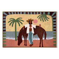 Pink Moon Walks beside the Horse - Cowgirl on the Coastal Path painting by Claire Whitmore, modern coastal horizontal wall art – wood frame on white background