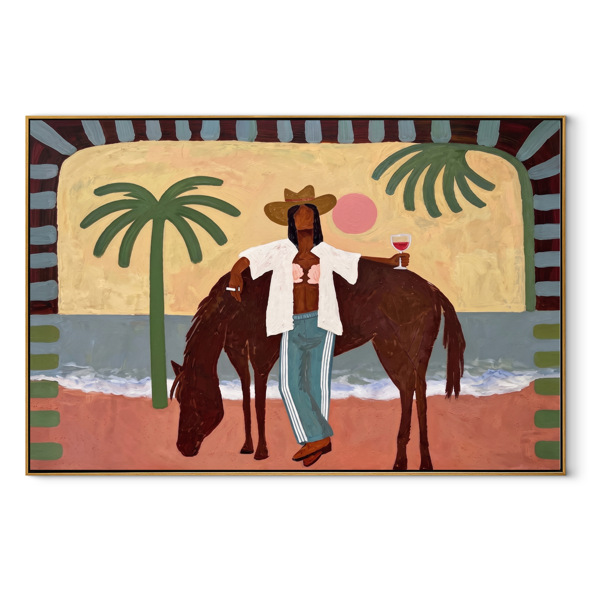 Pink Moon Walks beside the Horse - Cowgirl on the Coastal Path painting by Claire Whitmore, modern coastal horizontal wall art – wood frame on white background