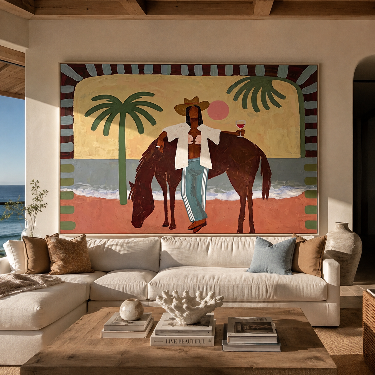 Pink Moon Walks beside the Horse - Cowgirl on the Coastal Path painting by Claire Whitmore, modern coastal horizontal wall art – styled room scene view 2