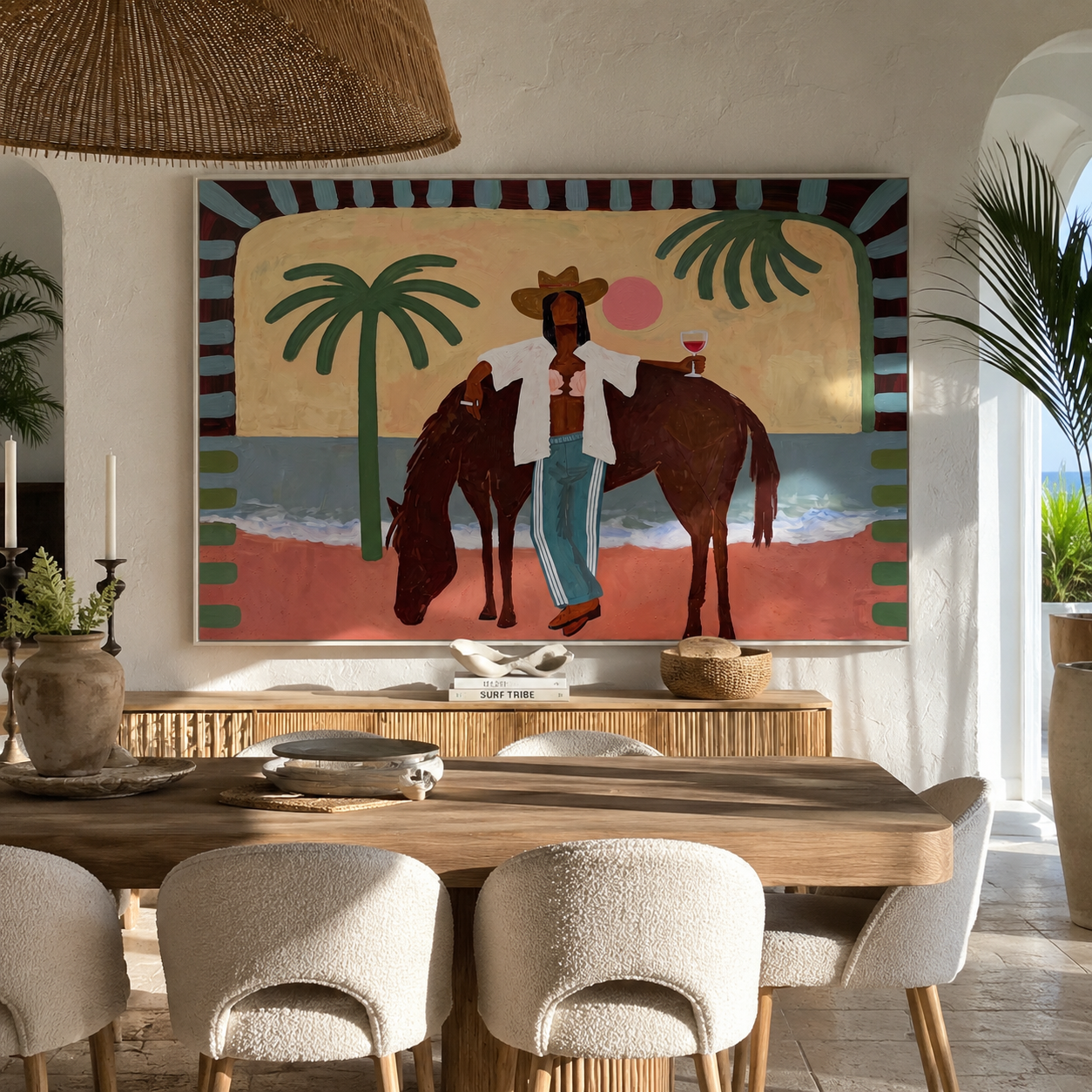 Pink Moon Walks beside the Horse - Cowgirl on the Coastal Path painting by Claire Whitmore, modern coastal horizontal wall art – styled room scene view 3
