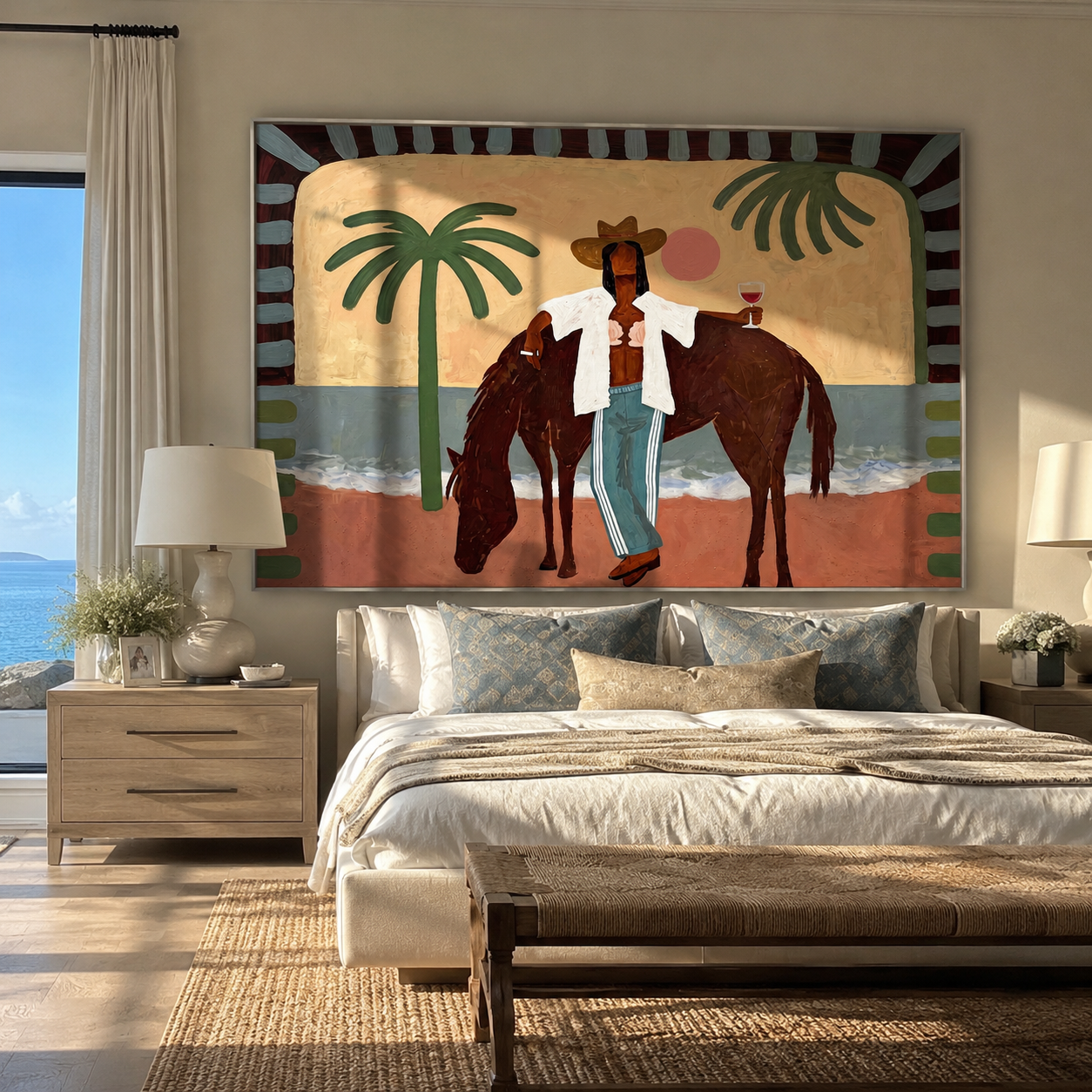 Pink Moon Walks beside the Horse - Cowgirl on the Coastal Path painting by Claire Whitmore, modern coastal horizontal wall art – styled room scene view 4