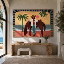 Pink Moon Walks beside the Horse - Cowgirl on the Coastal Path painting by Claire Whitmore, modern coastal horizontal wall art – styled room scene view 5