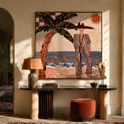 Striped Sun Faces the Surf - Palm Beach Resort Man painting by Claire Whitmore, modern coastal square wall art – styled room scene view 1