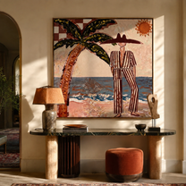 Striped Sun Faces the Surf - Palm Beach Resort Man painting by Claire Whitmore, modern coastal square wall art – styled room scene view 1