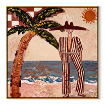 Striped Sun Faces the Surf - Palm Beach Resort Man painting by Claire Whitmore, modern coastal square wall art – wood frame on white background