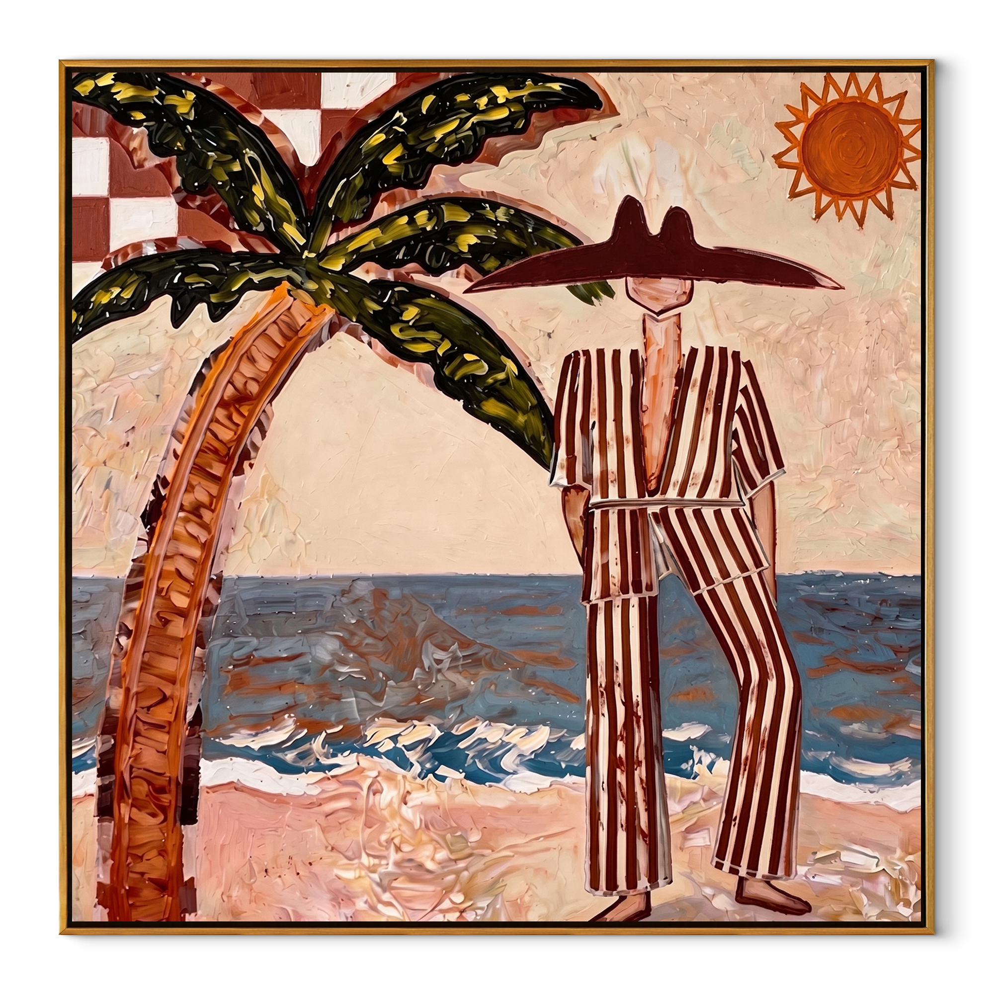 Striped Sun Faces the Surf - Palm Beach Resort Man painting by Claire Whitmore, modern coastal square wall art – wood frame on white background