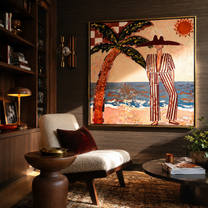 Striped Sun Faces the Surf - Palm Beach Resort Man painting by Claire Whitmore, modern coastal square wall art – styled room scene view 2