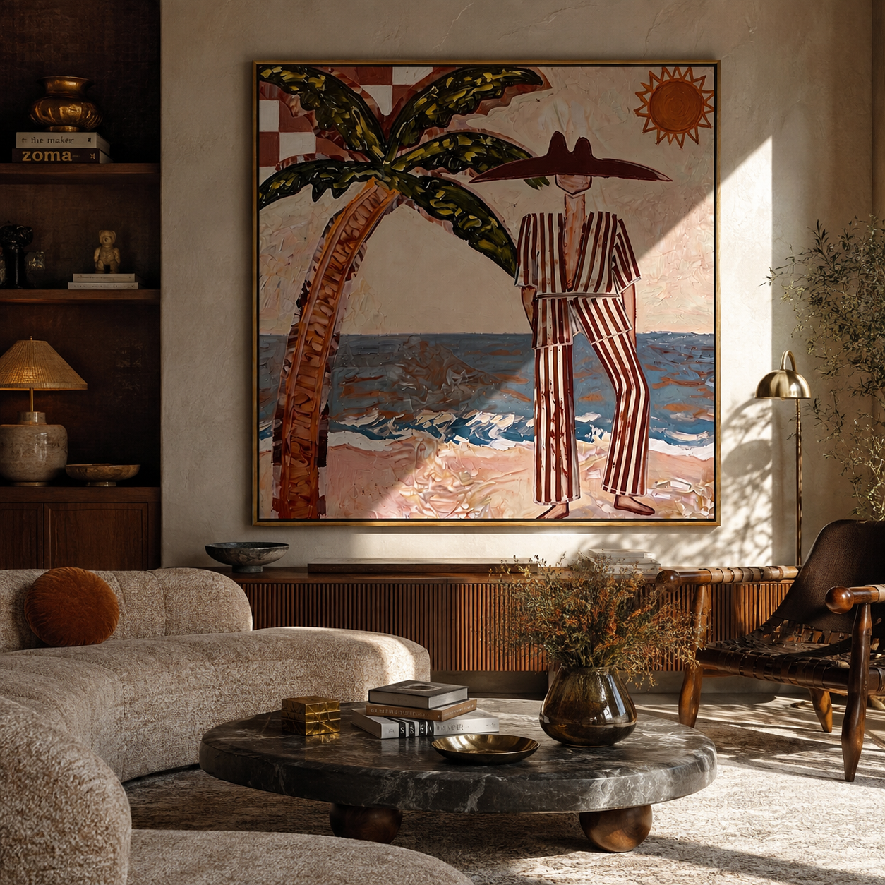 Striped Sun Faces the Surf - Palm Beach Resort Man painting by Claire Whitmore, modern coastal square wall art – styled room scene view 3