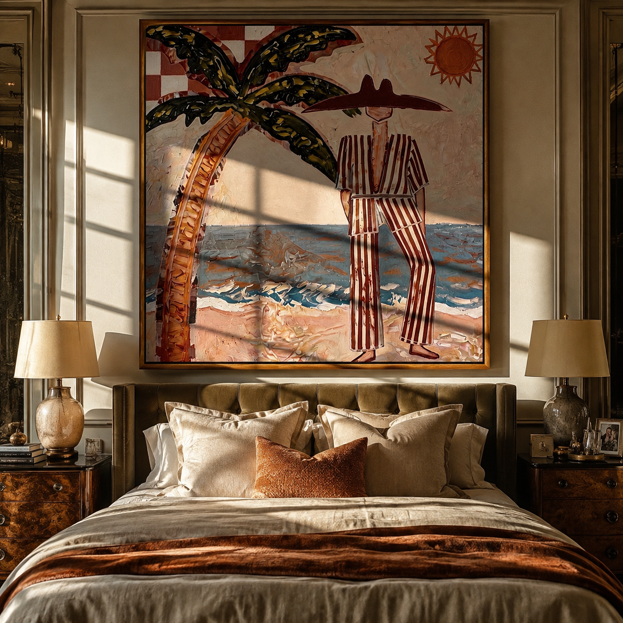 Striped Sun Faces the Surf - Palm Beach Resort Man painting by Claire Whitmore, modern coastal square wall art – styled room scene view 4
