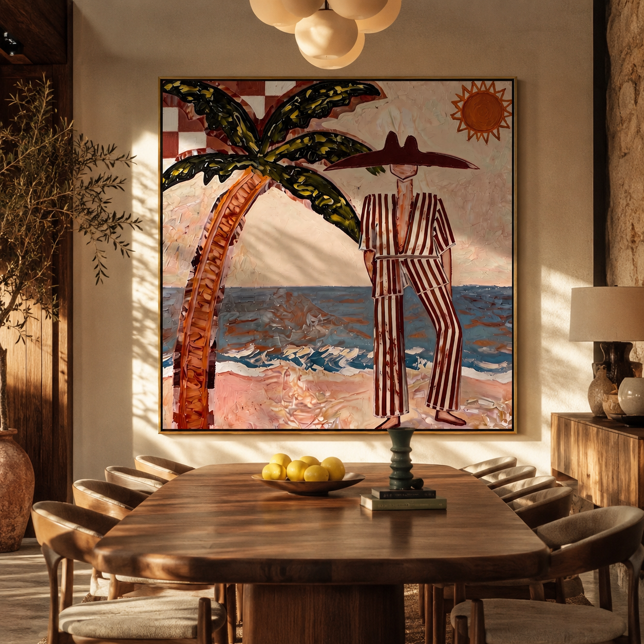 Striped Sun Faces the Surf - Palm Beach Resort Man painting by Claire Whitmore, modern coastal square wall art – styled room scene view 5