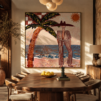 Striped Sun Faces the Surf - Palm Beach Resort Man painting by Claire Whitmore, modern coastal square wall art – styled room scene view 5