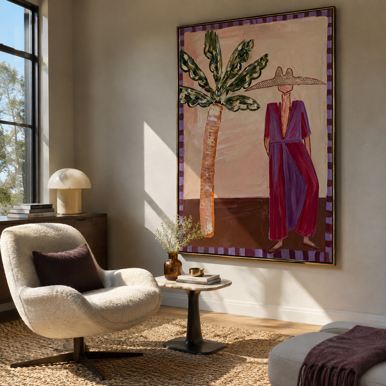 Violet Dress Waits beneath Leaves - Resort Woman and Sculptural Palm painting by Claire Whitmore, modern coastal vertical wall art – styled room scene view 1