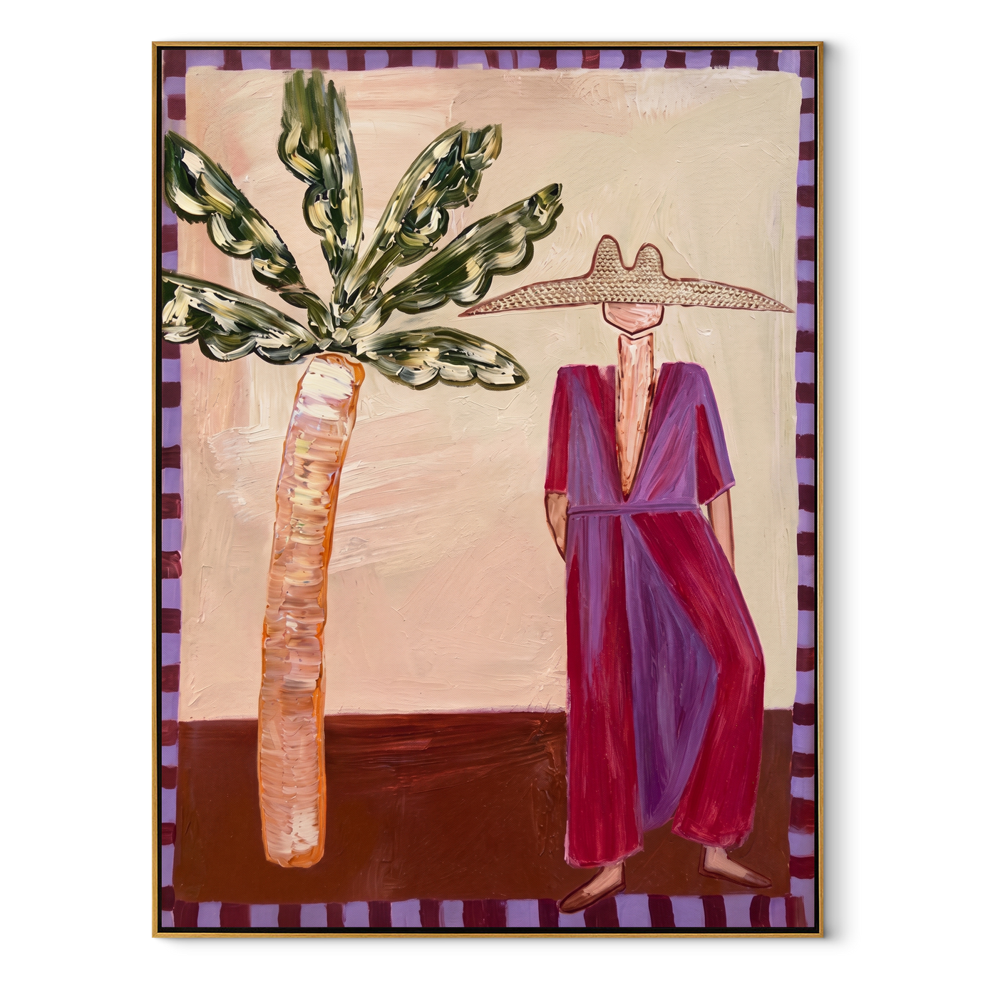Violet Dress Waits beneath Leaves - Resort Woman and Sculptural Palm painting by Claire Whitmore, modern coastal vertical wall art – wood frame on white background