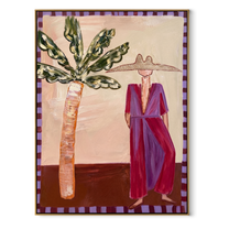 Violet Dress Waits beneath Leaves - Resort Woman and Sculptural Palm painting by Claire Whitmore, modern coastal vertical wall art – wood frame on white background