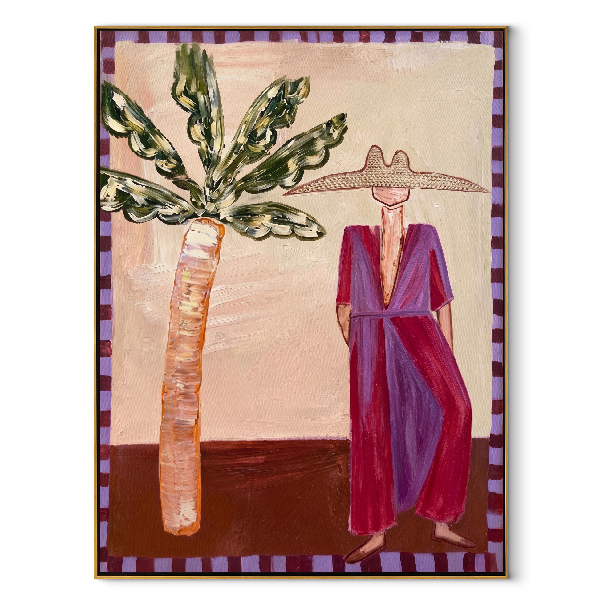 Violet Dress Waits beneath Leaves - Resort Woman and Sculptural Palm painting by Claire Whitmore, modern coastal vertical wall art – wood frame on white background