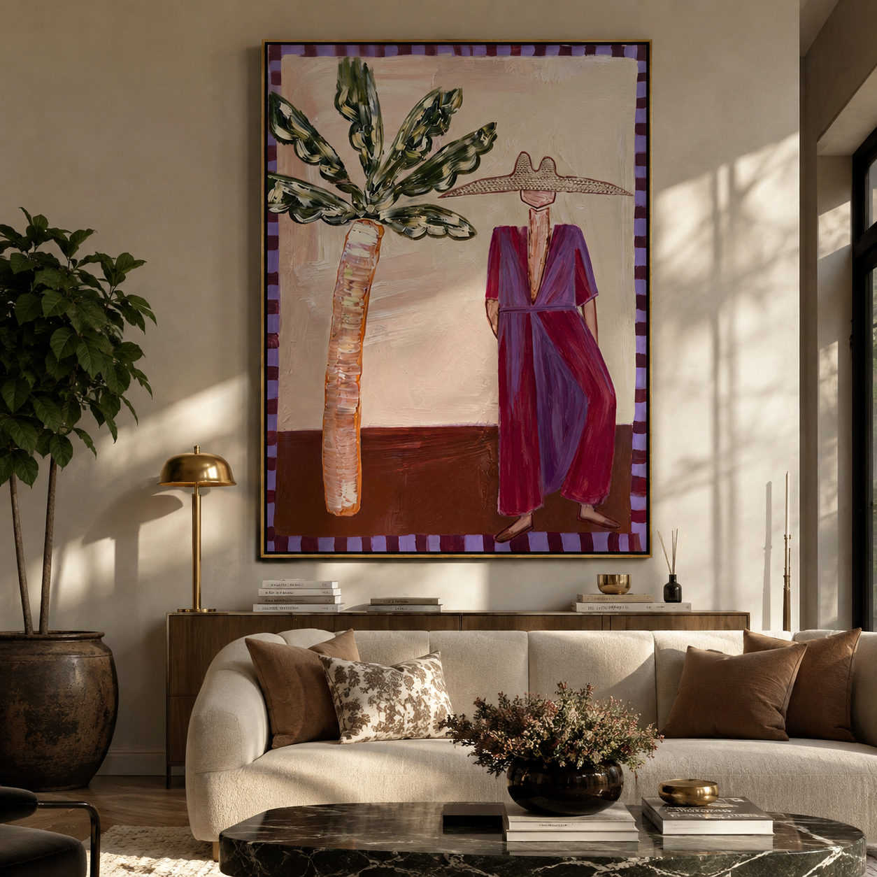 Violet Dress Waits beneath Leaves - Resort Woman and Sculptural Palm painting by Claire Whitmore, modern coastal vertical wall art – styled room scene view 2