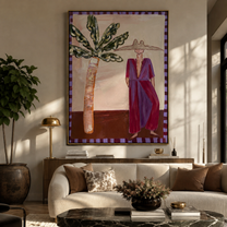 Violet Dress Waits beneath Leaves - Resort Woman and Sculptural Palm painting by Claire Whitmore, modern coastal vertical wall art – styled room scene view 2