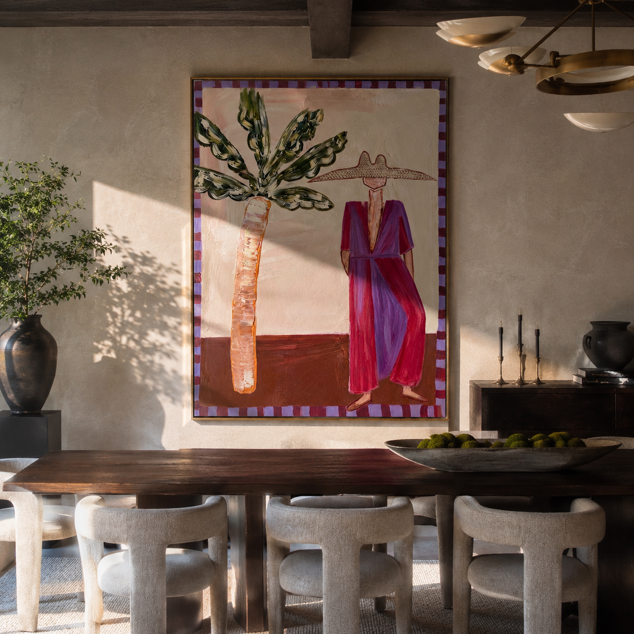Violet Dress Waits beneath Leaves - Resort Woman and Sculptural Palm painting by Claire Whitmore, modern coastal vertical wall art – styled room scene view 3