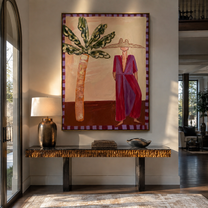 Violet Dress Waits beneath Leaves - Resort Woman and Sculptural Palm painting by Claire Whitmore, modern coastal vertical wall art – styled room scene view 4