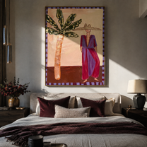 Violet Dress Waits beneath Leaves - Resort Woman and Sculptural Palm painting by Claire Whitmore, modern coastal vertical wall art – styled room scene view 5