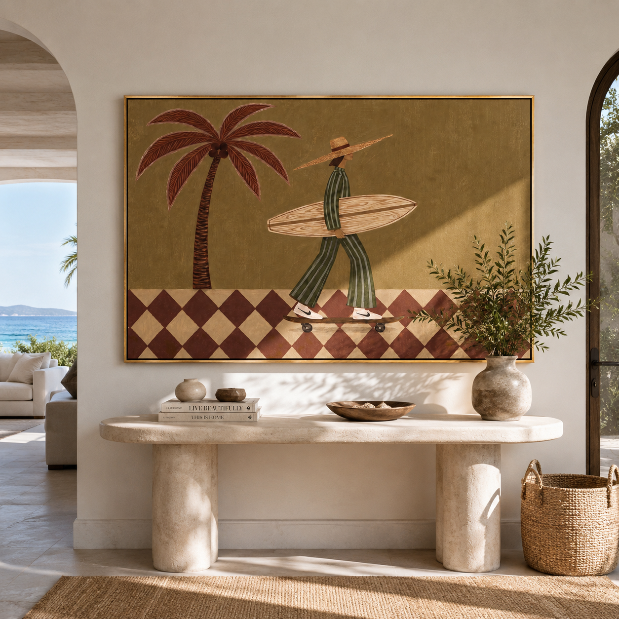 Checkerboard Wheels Chase the Tide - Skating Surfer with Palm painting by Claire Whitmore, modern coastal horizontal wall art – styled room scene view 1